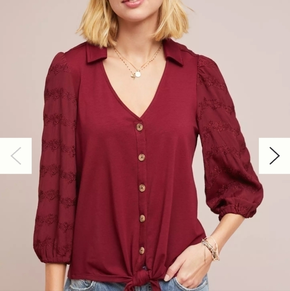Anthropologie Vanessa Virginia Lenora Maroon Embroidered Top, Sz Small